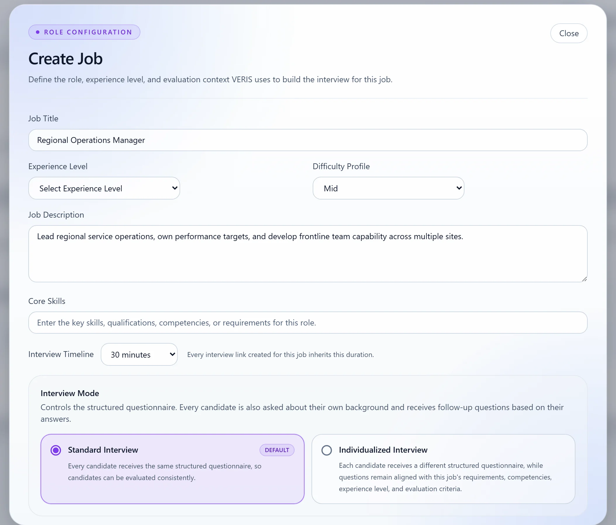 VerisNova job configuration showing the choice between a Standard Interview and an Individualized Interview for a Regional Operations Manager role