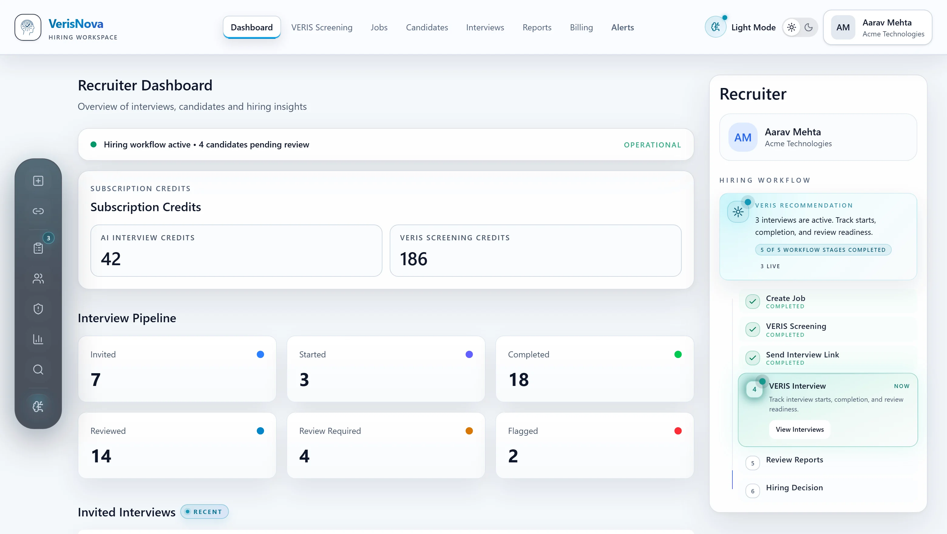 The VerisNova recruiter workspace showing the interview pipeline, subscription credits and the hiring workflow checklist