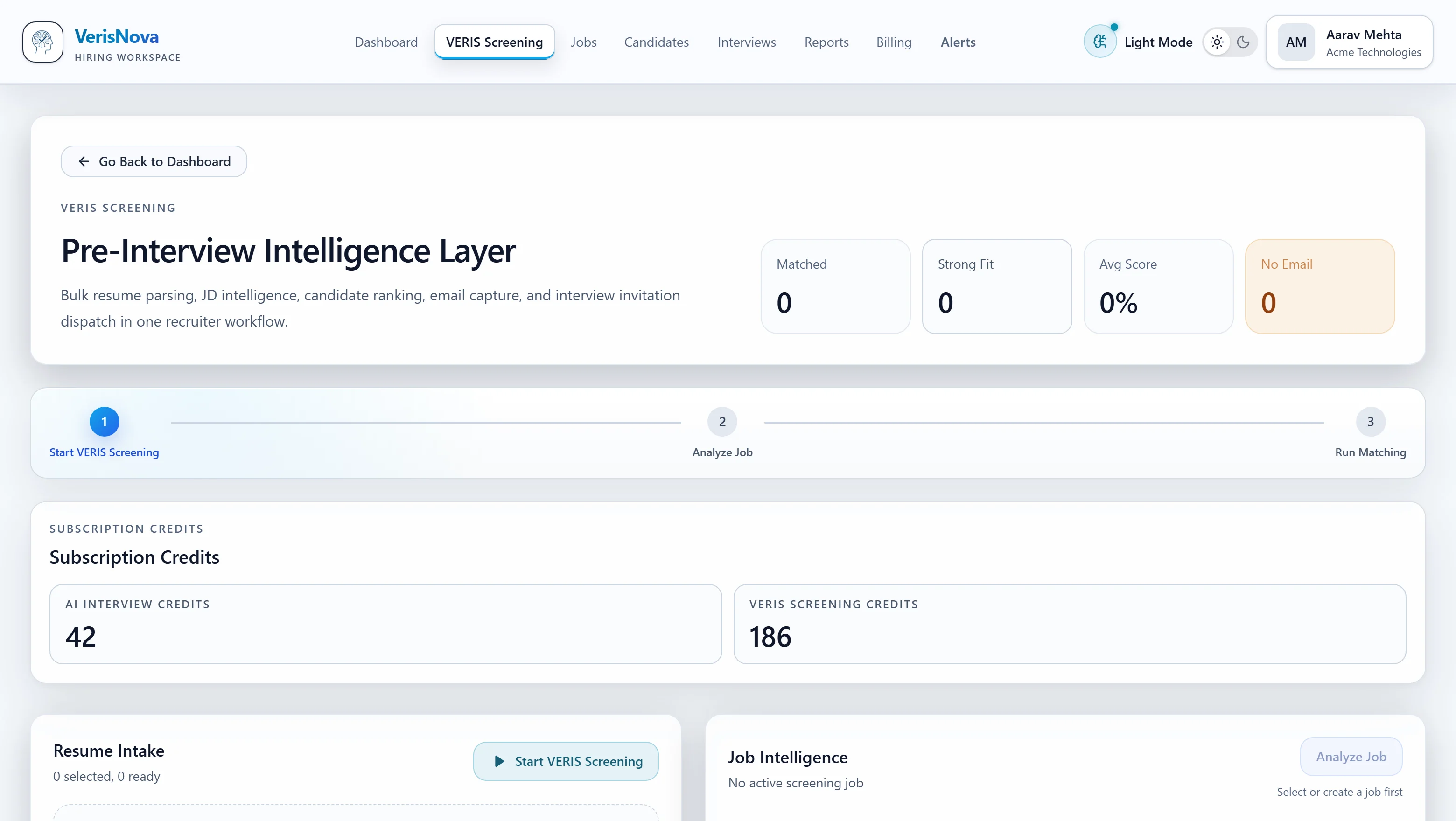 The VERIS Screening page in VerisNova showing the pre-interview intelligence layer, screening progress steps and job intelligence panel