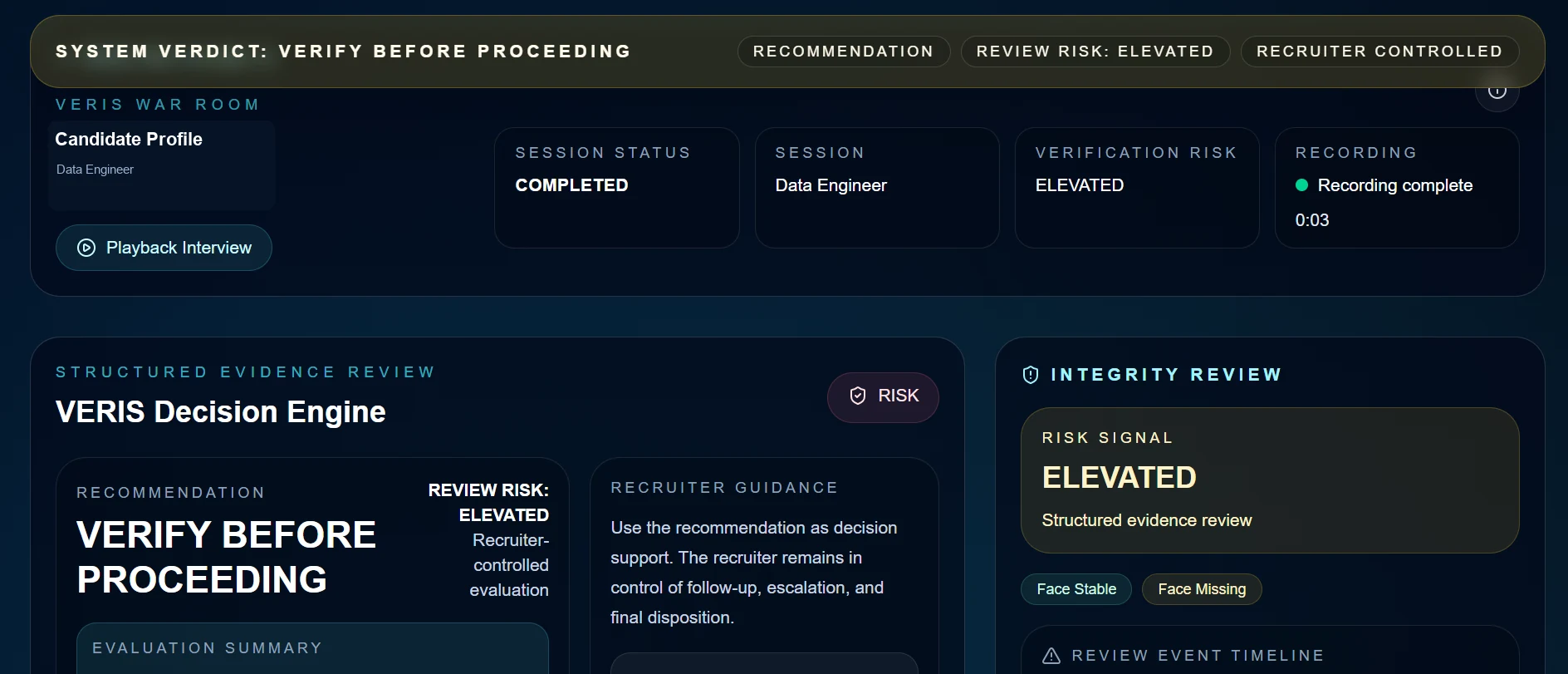 HireVeri evidence review and decision engine screenshot